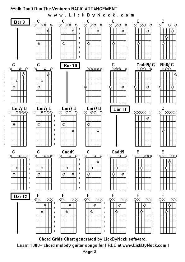 Chord Grids Chart of chord melody fingerstyle guitar song-Walk Don't Run-The Ventures-BASIC ARRANGEMENT,generated by LickByNeck software.